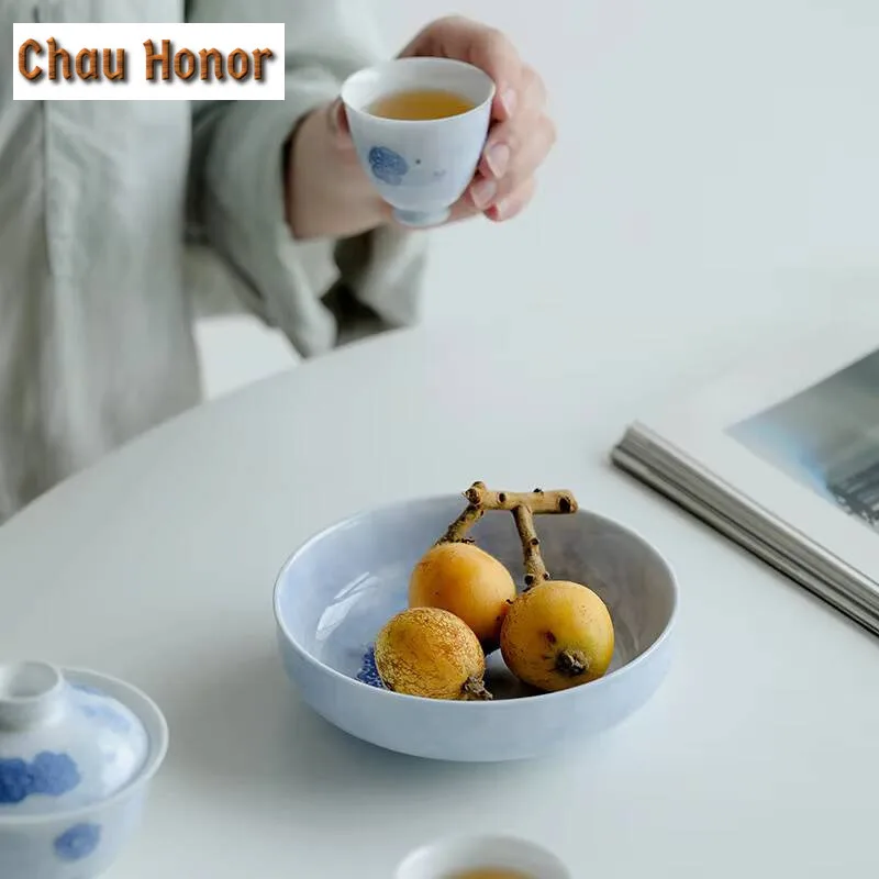 Pure Hand-painted Fog Blue Cherry Blossom Pot Bearing Ceramic Household Dry Brewing Small Tea Tray Cover Bowl Tray Fruit Plates