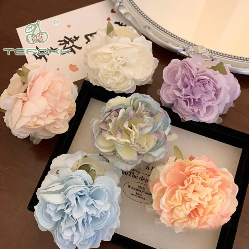 용수철 여름 모란 컬러 꽃 헤어 클립, 인조 원단 꽃 그랩 클립, 소녀 한국 달콤한 천 꽃 머리핀 머리 장식