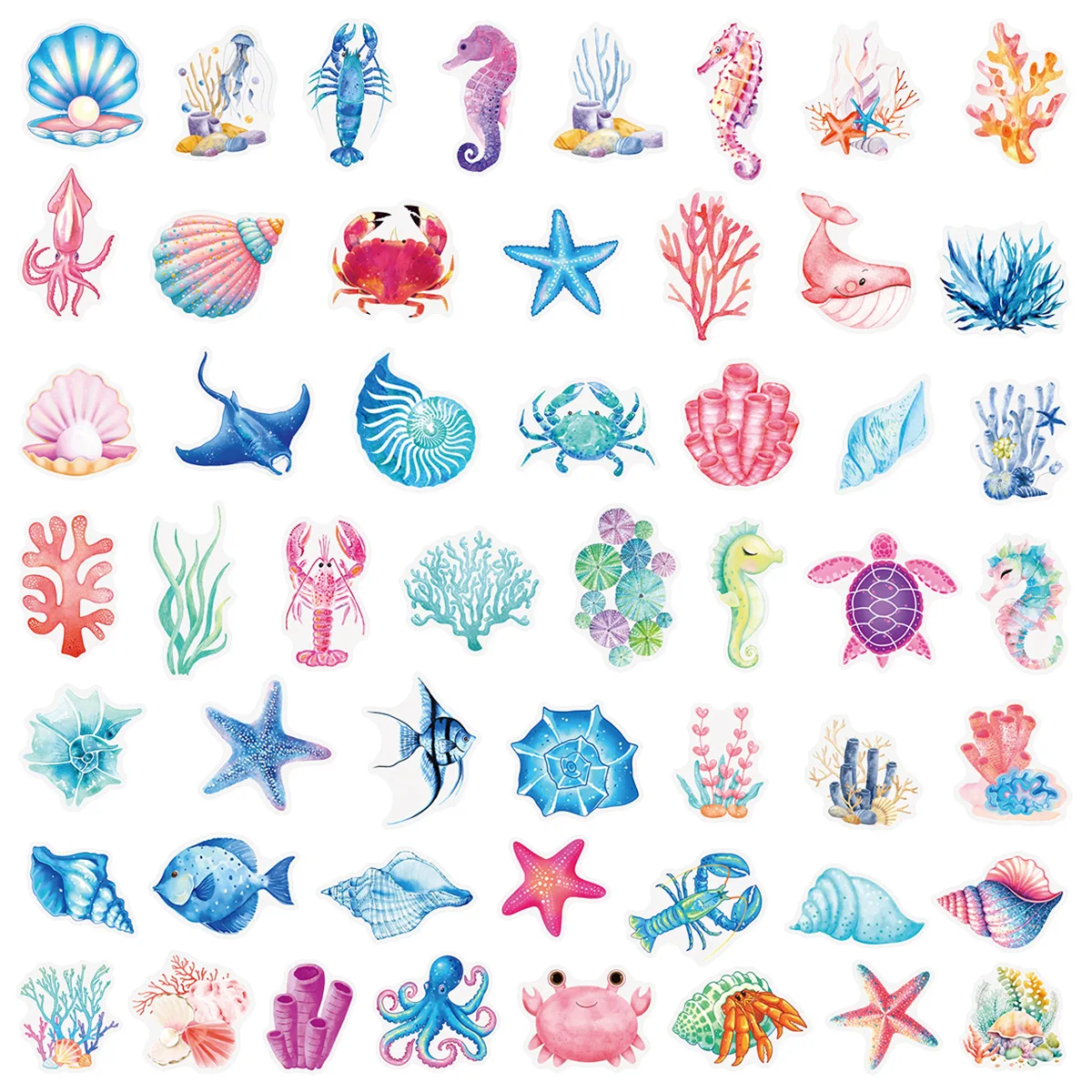 50개 투명 사이키델릭 바다 산호 및 조개 스티커 - 방수 DIY 장 데칼