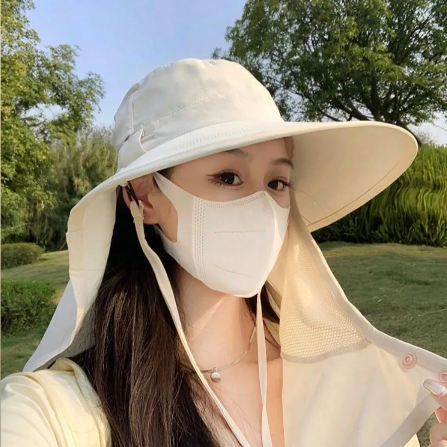 Summer UV Protection Face Mask & Neck Cover Sun Hat Wide Brim Breathable Full Coverage Sunshield For Outdoor Activities_voghion.com