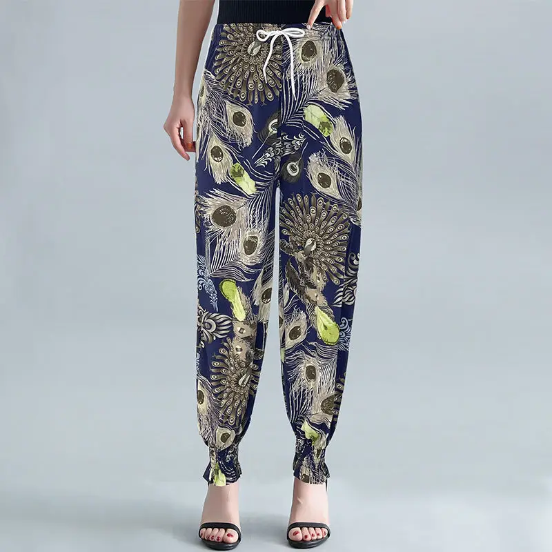 Summer Middle Age Lady Loose Ice Shreds Multiple Styles Printing Elastic Waist Bound Feet Comfortable Breathable Casual Trousers