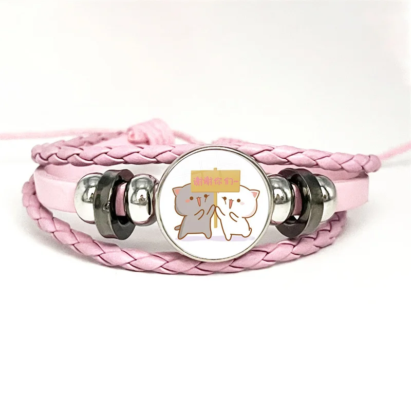 Net Red Cute Couple Mitao Cat Pink Leather Bracelet Glass Cabochon Button Multilayer Bangles Wristband Gift 4