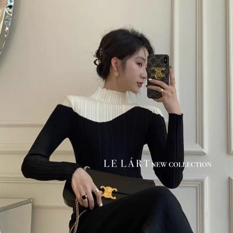 

Korean-style Matching Color Slim-fit Knitted Turtleneck Bottom Sweater Woman Design Sense Niche Pullovers Fashion T-shirt