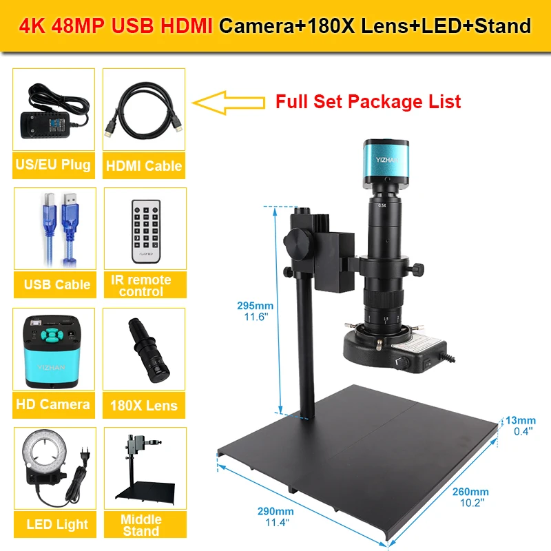 Microscopio Digital YIZHAN con Lente de Zoom 180X para Electrónica, Cámara HDMI USB HD 4K 48MP, Base Metálica Ajustable para Reparación de PCB