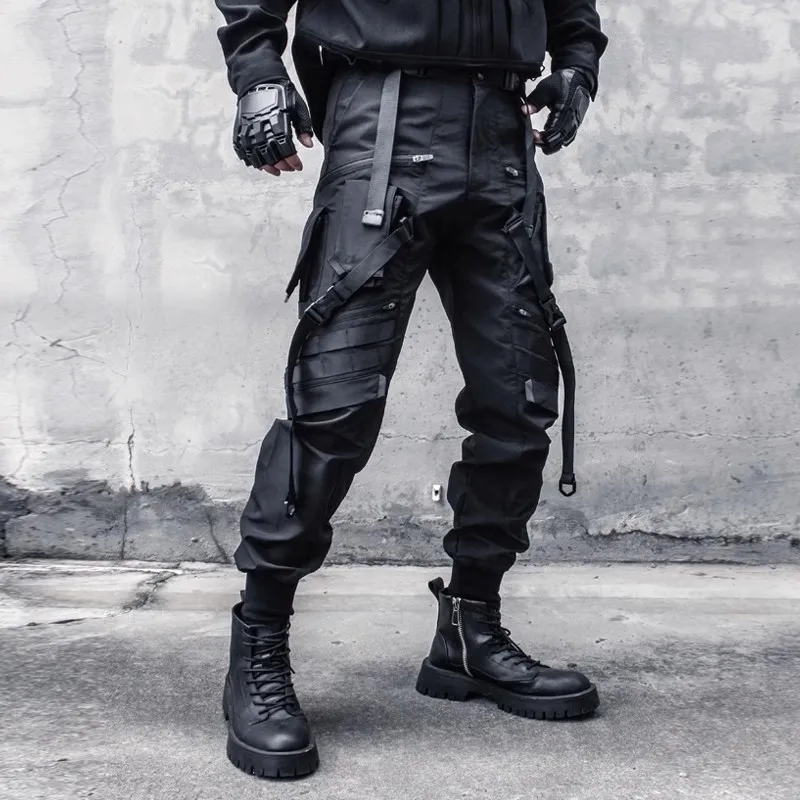 Techwear Functional Cargo Pants Men Fashion Tactical Ribbons Design Trousers 2025 Spring Hip Hop Streetwear Pants Black 4