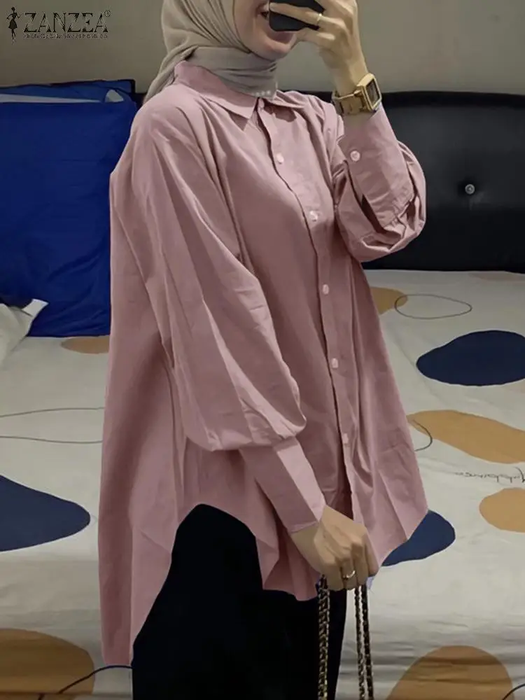 

Autumn Solid Office Blouse ZANZEA Fashion Women Lapel Neck Long Sleeve Shirt Casual Split Hem Tops Muslim Islamic Clothing Blusa