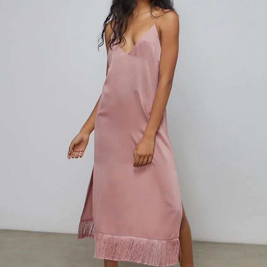 

Nightgown Women Nightdress Intimate Lingerie Pink Tassel Long Sleepwear Summer Loose Thin Sexy Spaghetti Strap Satin Home Dress