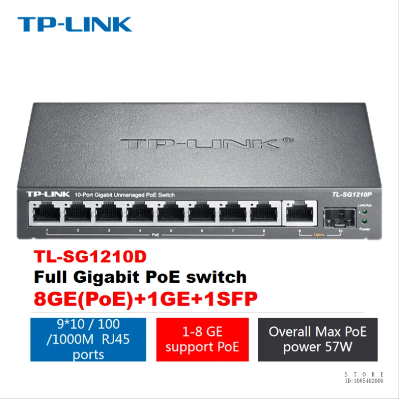 

TP-LINK Full Gigabit 8-port POE Switch 8GE(PoE)+1GE+1SFP Steel Shell Design Network Cable Splitter Internet Splitter TL-SG1210P