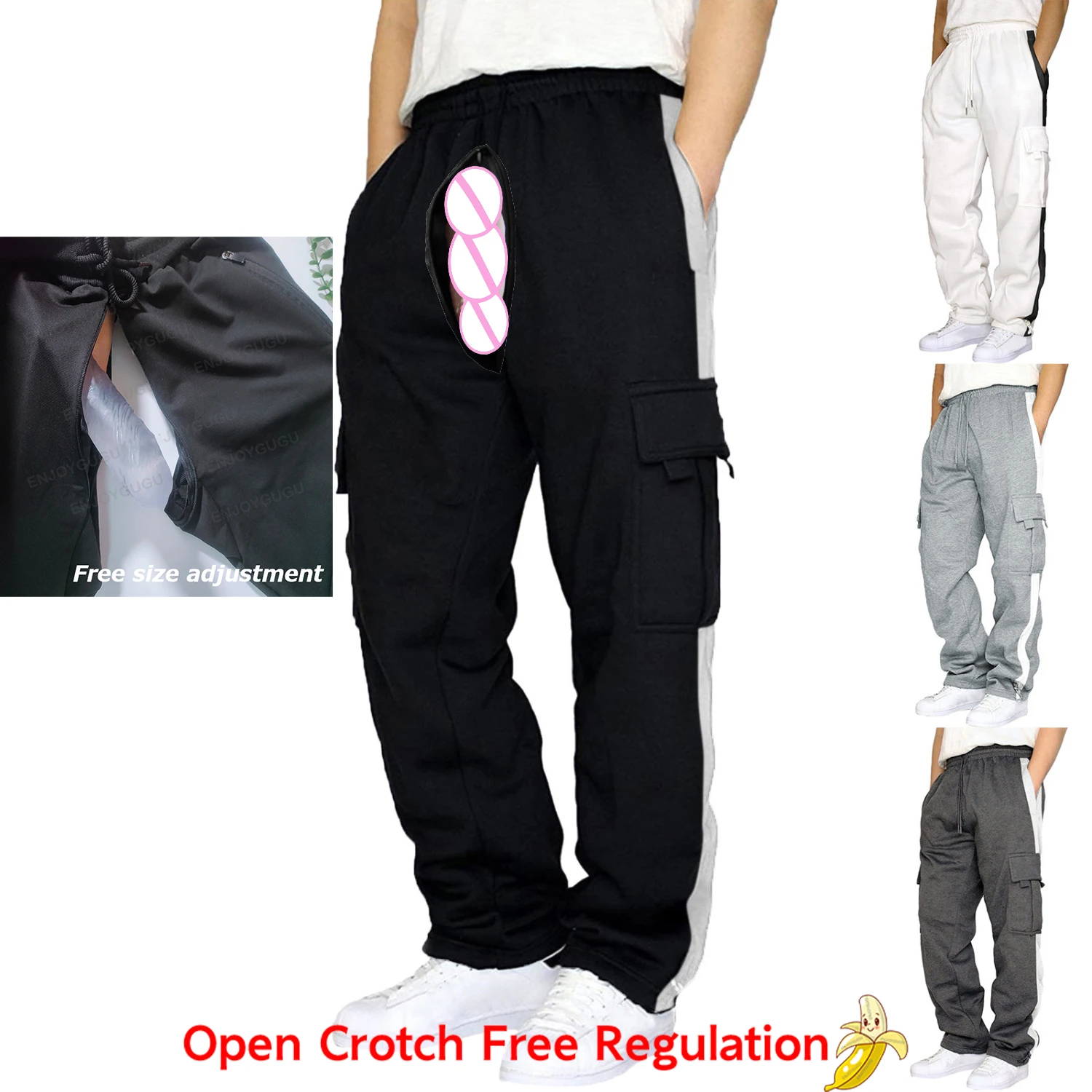 Summer Outdoor Sex Open Crotch Erotic Pants Men Track Sweatpants Loose Cargo Trousers with Pockets Casual Streetwear Track Pants