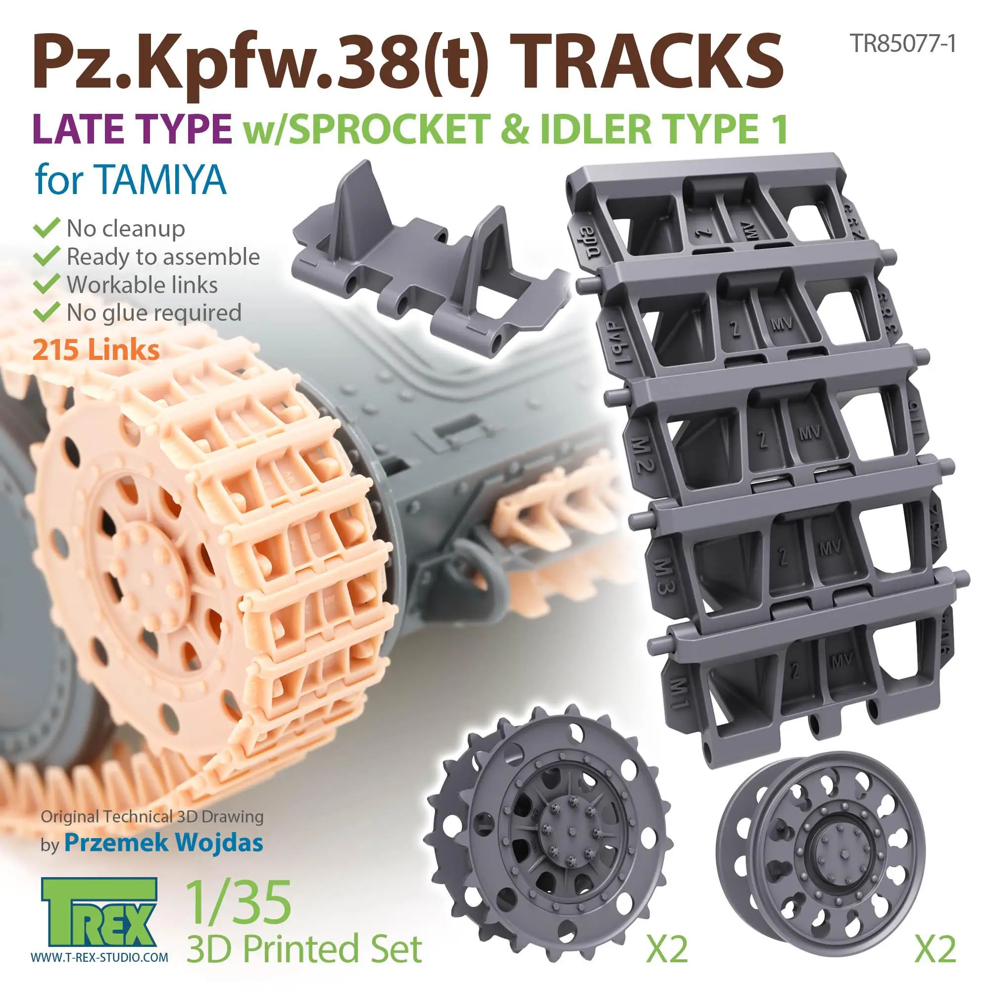 

T-Rex Studio 85077-1 1/35 Pz.Kpfw.38(t) Tracks Late Type w/Sprocket Idler For TAMIYA 3D Printed Set