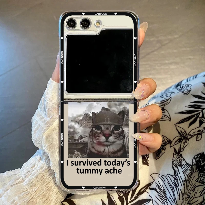 Funny Cartoon Cat Wake Up Act Silly Meme Phone Case - Cute Hard PC Folding Cover