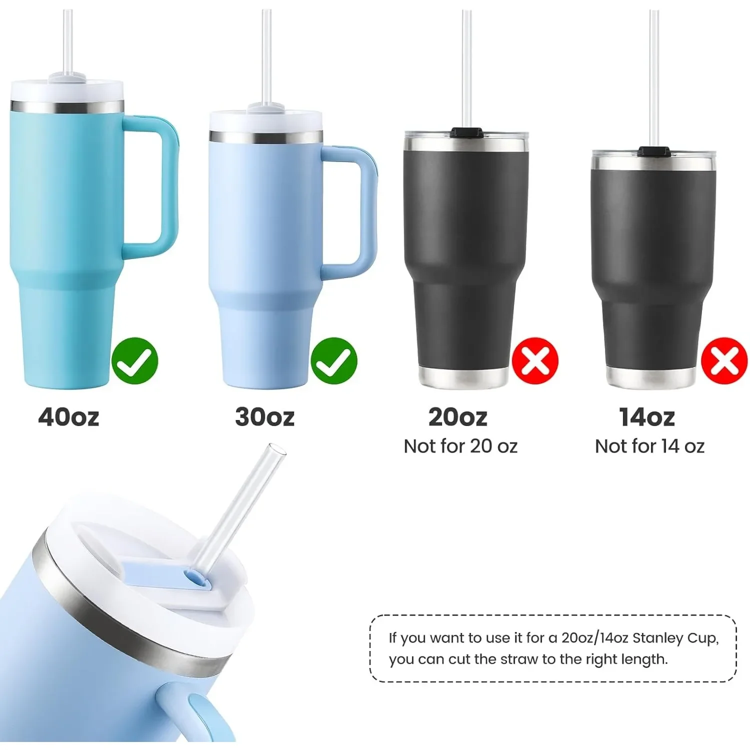 Replacement Straws 12 Pack For Stanley 40 oz Cup Tumbler With 2 Straw Brushes