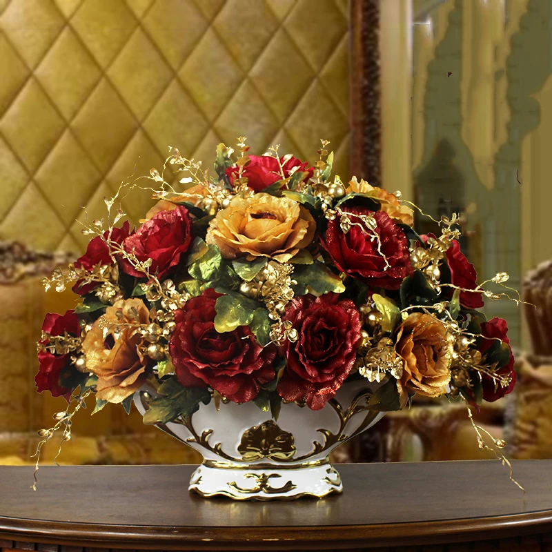 

European Ceramic Vase+Artificial Flower Set Decor Home Furnishing Crafts Decoration Livingroom Silk Rose Fake Flowerpot Ornament