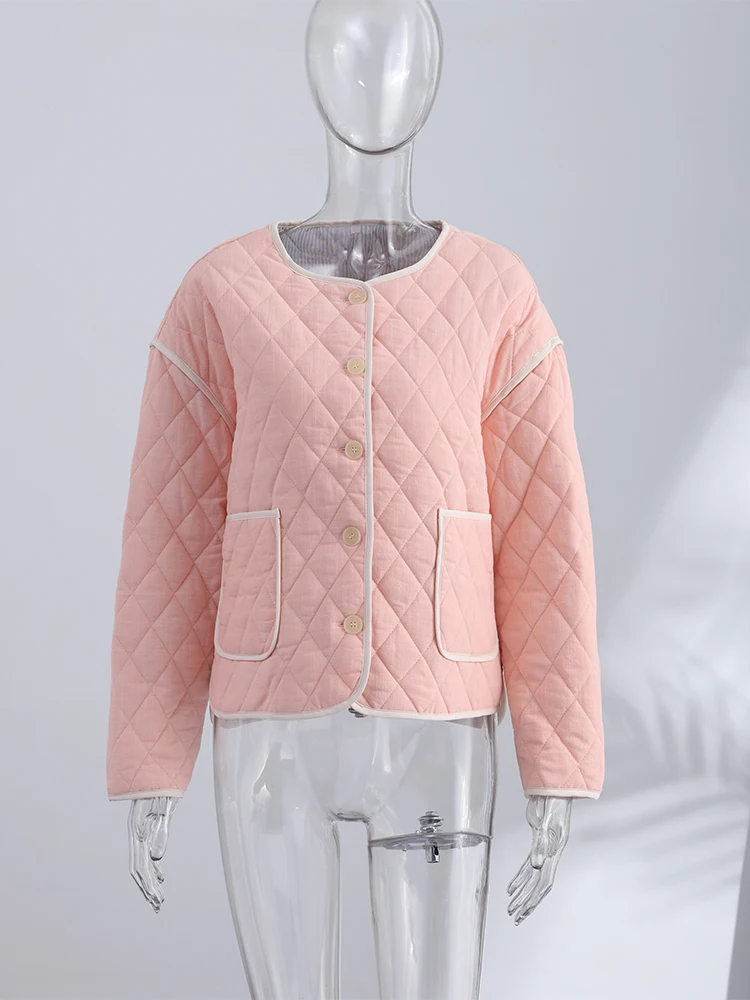 Argyle Panelled Patchwork Thin Padded Jacket Women Elegant O-neck Long Sleeve Single Breasted Pockets Coats New Ladies Outerwear