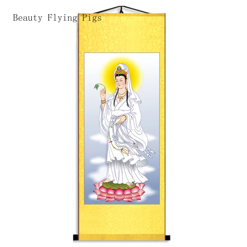 

Chinese style retro silk cloth Guanyin portrait Nanhai Guanyin painting scroll feng shui Textile & Fabric People