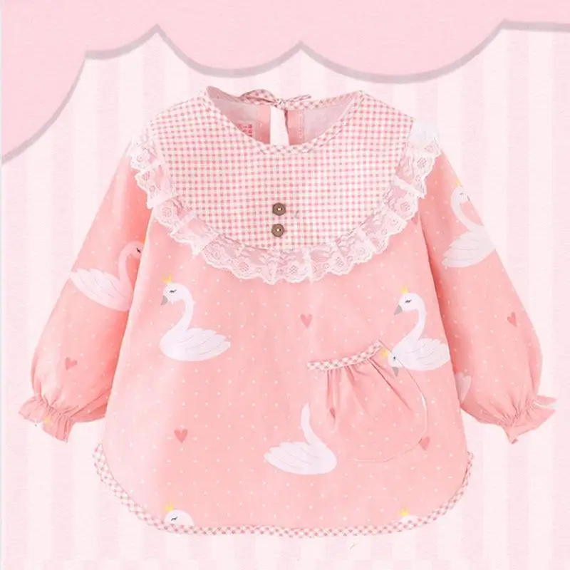 Cute Cartoon Baby Kids Children Princess Bibs Waterproof Burp Cloths Toddler Infant Long Sleeve Apron Pink Lace Baby Feeding Bib 0 12y kids boys girls waterproof painting children apron art craft long sleeve aprons cartoon baby feeding smock bib