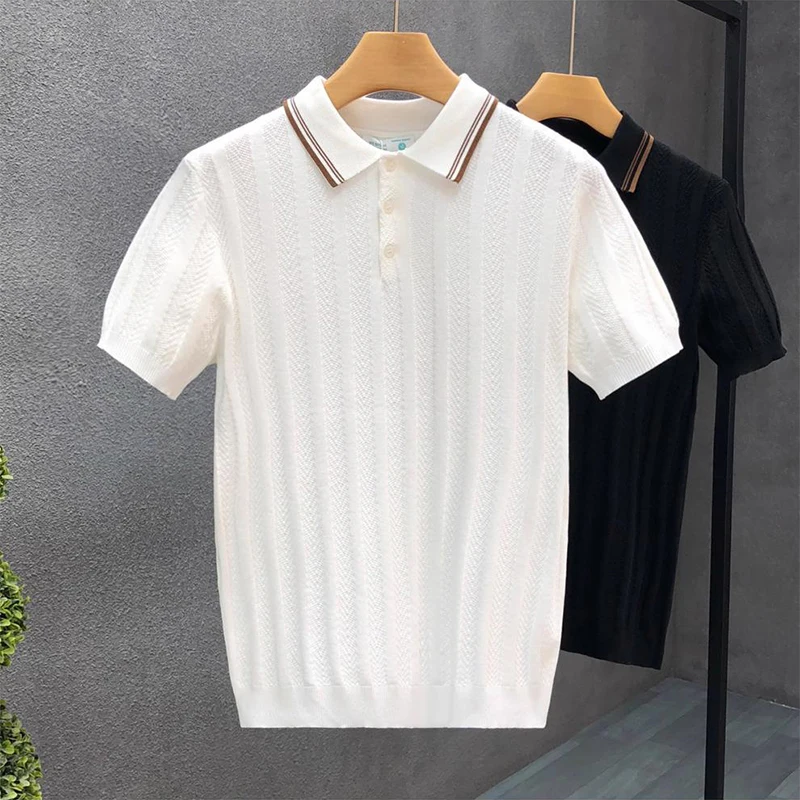 Fashionable Simple Striped Knit Polo Shirt Mens Summer Daily Leisure Breathable Knitted Tops Men Trendy Slim Short Sleeve Polos 6 S7130ff9d0f12428e9928cc29ed1ccdaeT