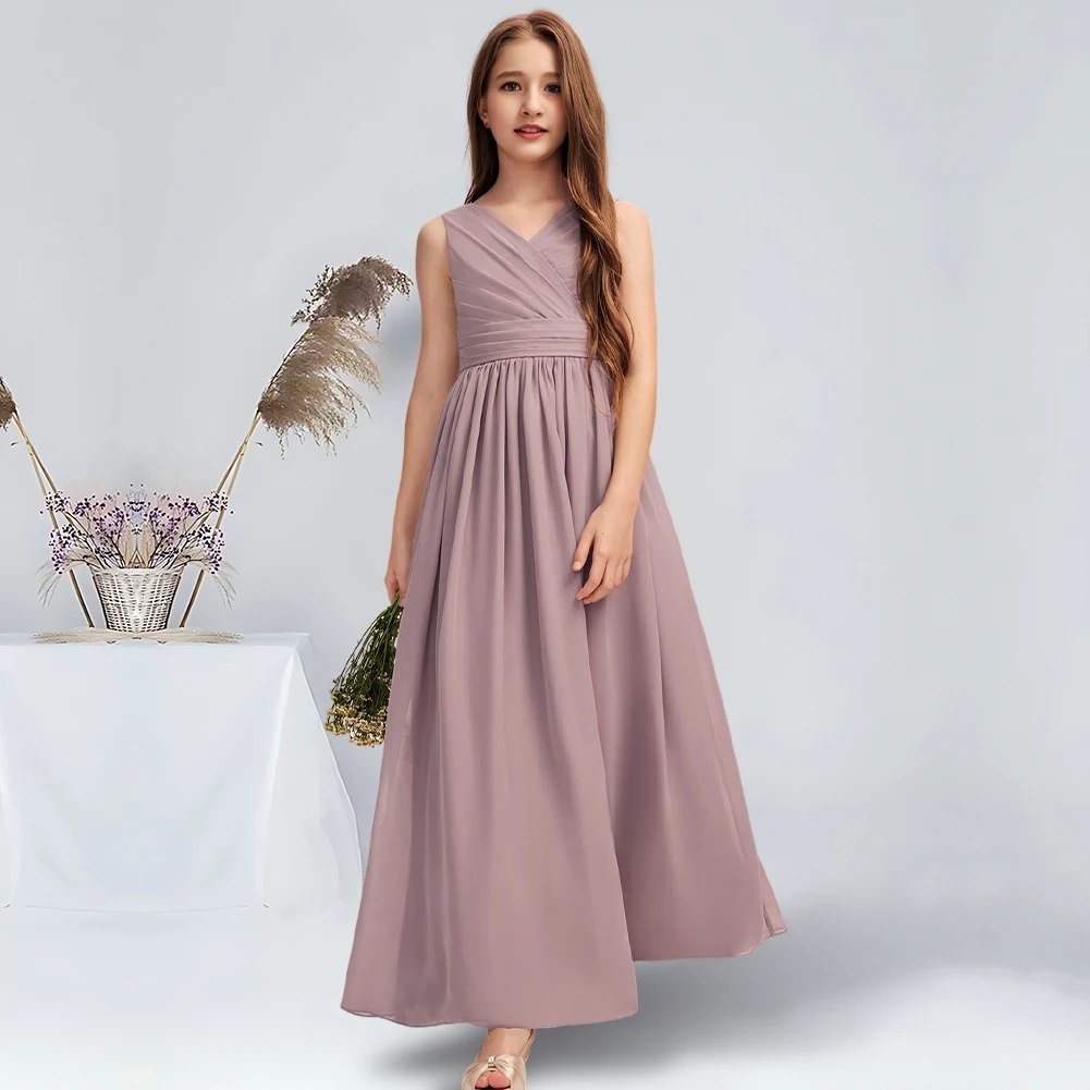 

A-line V-Neck Floor-Length Chiffon Junior Bridesmaid Dress With Bow Pleated Dusk Flower Girl Dress for Wedding Communion Dresses