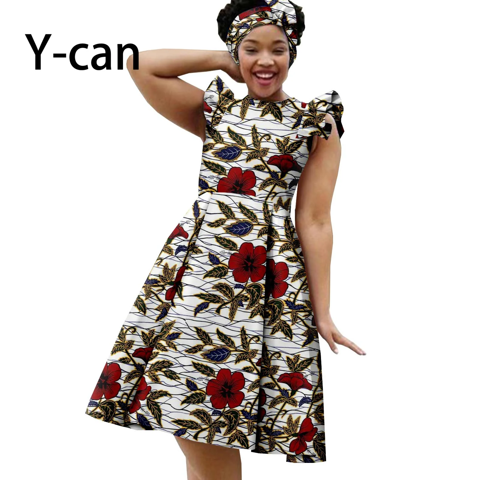 African Dresses for Women Dashiki Summer Sleeveless Knee-length Causal Cotton A-line Print with Turban Headtie Y2225045 sansa floral print prom dresses a line organza vestidos de fiesta strapless side split sweep train sleeveless formal evening