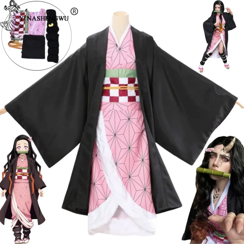 

Kamado Nezuko Costume Cosplay Anime Demon Slayer Pink Kimono For Women Men Kids Sewing Wig Uniform Halloween Prop Christmas Gift