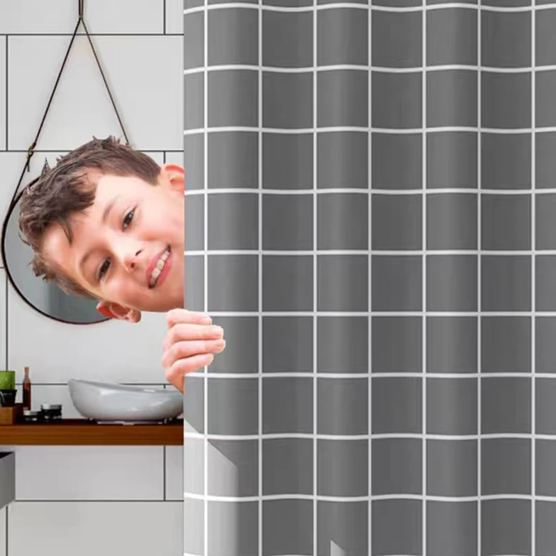 Textured fabric shower curtain 180cm x 200cm gray and white printed plaid with hook shower curtains