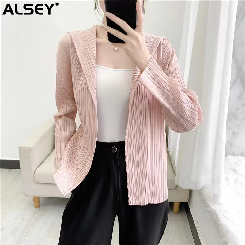 

ALSEY Miyake Pleated Solid Color Cardigan Tops Women's T-shirt Summer New Loose Shirts and Blouses Aesthetic Clothing Loose