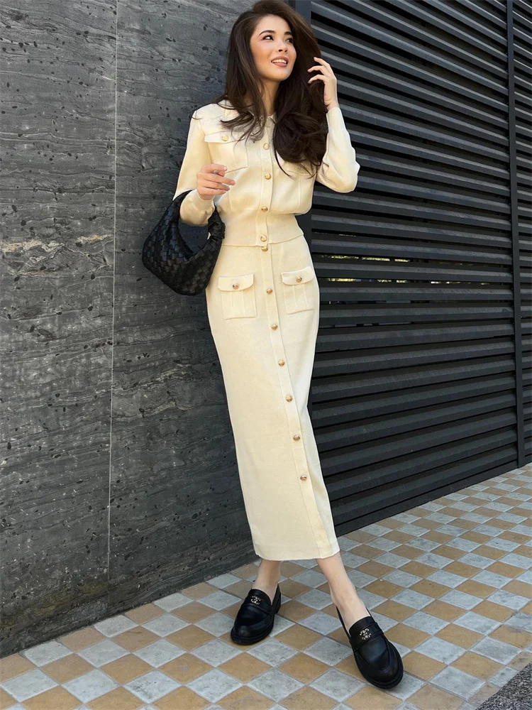 Conjunto de 2 piezas de punto con solapa y falda larga para mujer, moda de retazos, conjuntos ajustados de cintura alta, ropa de calle, conjuntos de falda larga de otoño para mujer