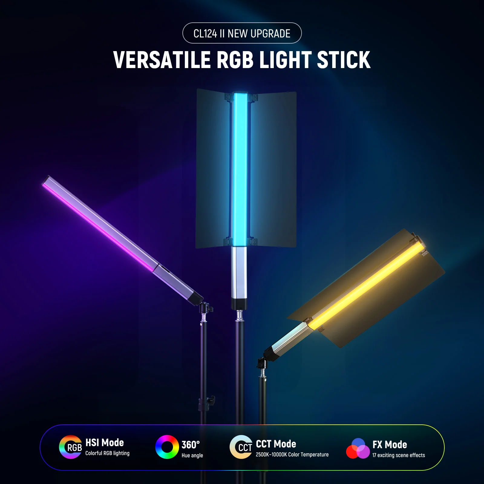 NEEWER CL124 II RGB 핸드헬드 LED 라이트 스틱 비디오 라이트 지팡이, 앱 제어, 3200mAh 배터리, 360 ° 풀 컬러 튜브 조명