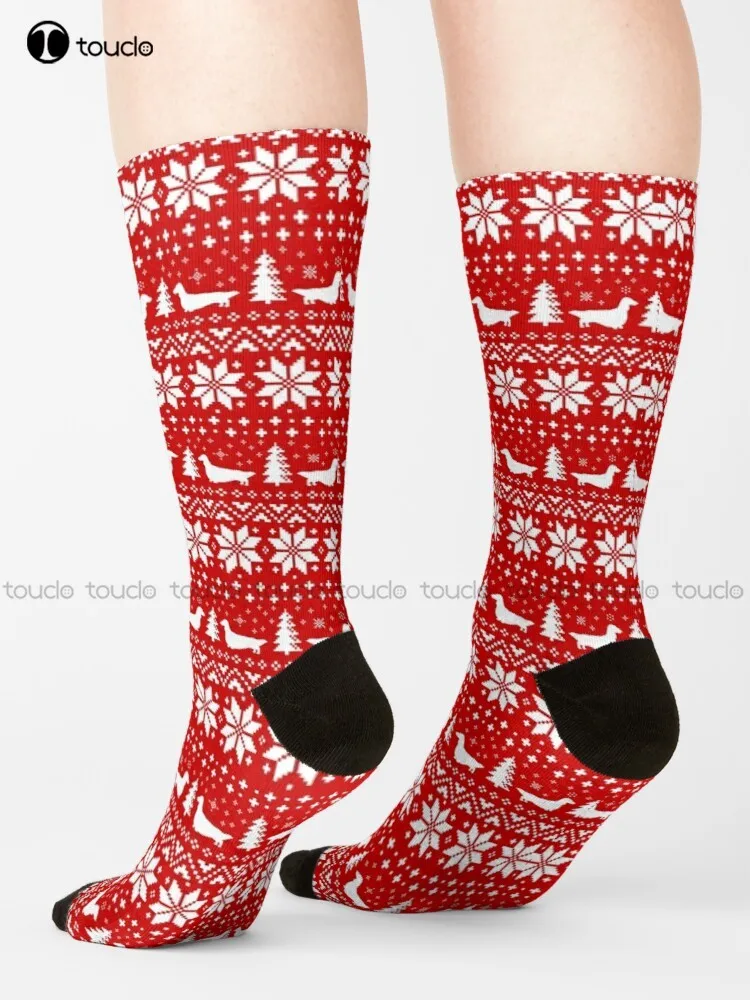 

Long Haired Dachshund Silhouettes Christmas Sweater Pattern Socks Socks Women Personalized Custom Unisex Adult Teen Youth Socks