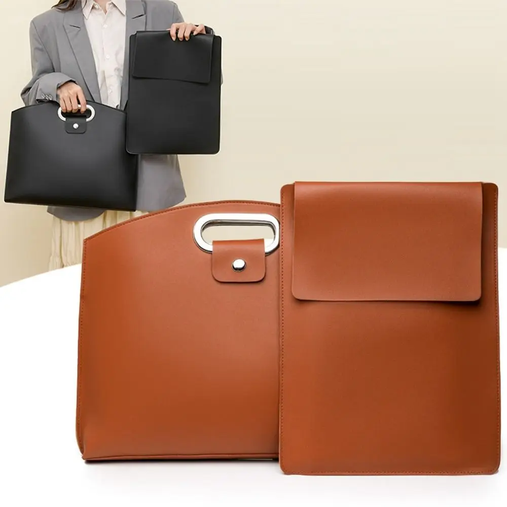 Simple PU Office Document Tote Bag Solid Color Laptop Bag File Bag Large Capacity Handbag Computer Bag Women