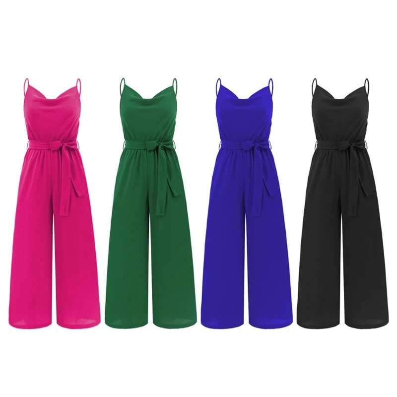 

Womens Sexy Cowl Neck Backless Long Wide Leg Pant Jumpsuit Solid Color Sleeveless Spaghetti Strap Belted Romper Playsuit P8DB