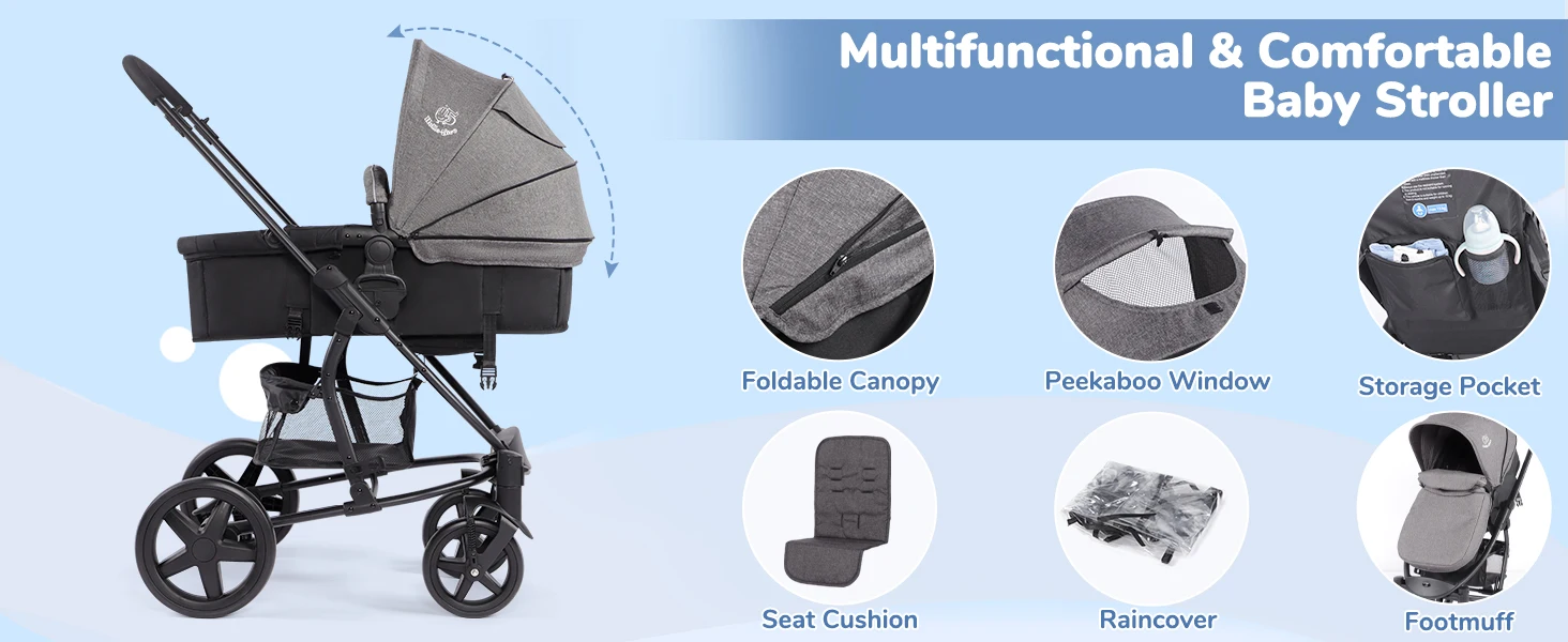 2-in-1 Pram and Travel System, Reversible Foldable Baby Pushchair with Convertible Seat/