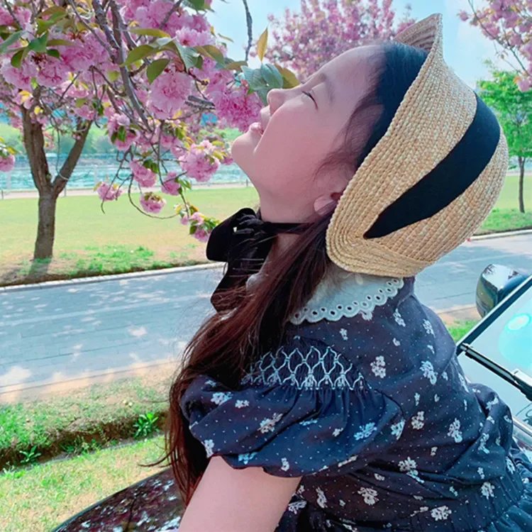 Cute Vintage Children Baby Girls Straw Plaited Hat Lace Up Beach Holiday Outdoor Summer Sun Block Hat Cap for Kids Sun Hats 2