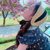 Cute Vintage Children Baby Girls Straw Plaited Hat Lace Up Beach Holiday Outdoor Summer Sun Block Hat Cap for Kids Sun Hats 2