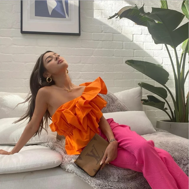 Top naranja con volantes de un hombro para mujer, ropa de cóctel de fiesta  elegante, a la moda, hecha a medida, envío gratis - AliExpress