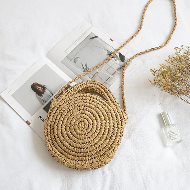 Round Straw Crossbody Bag Handmade Woven Small Shoulder Bag For Women Summer Beach Circle Bohemia Travel Handbag and Purse