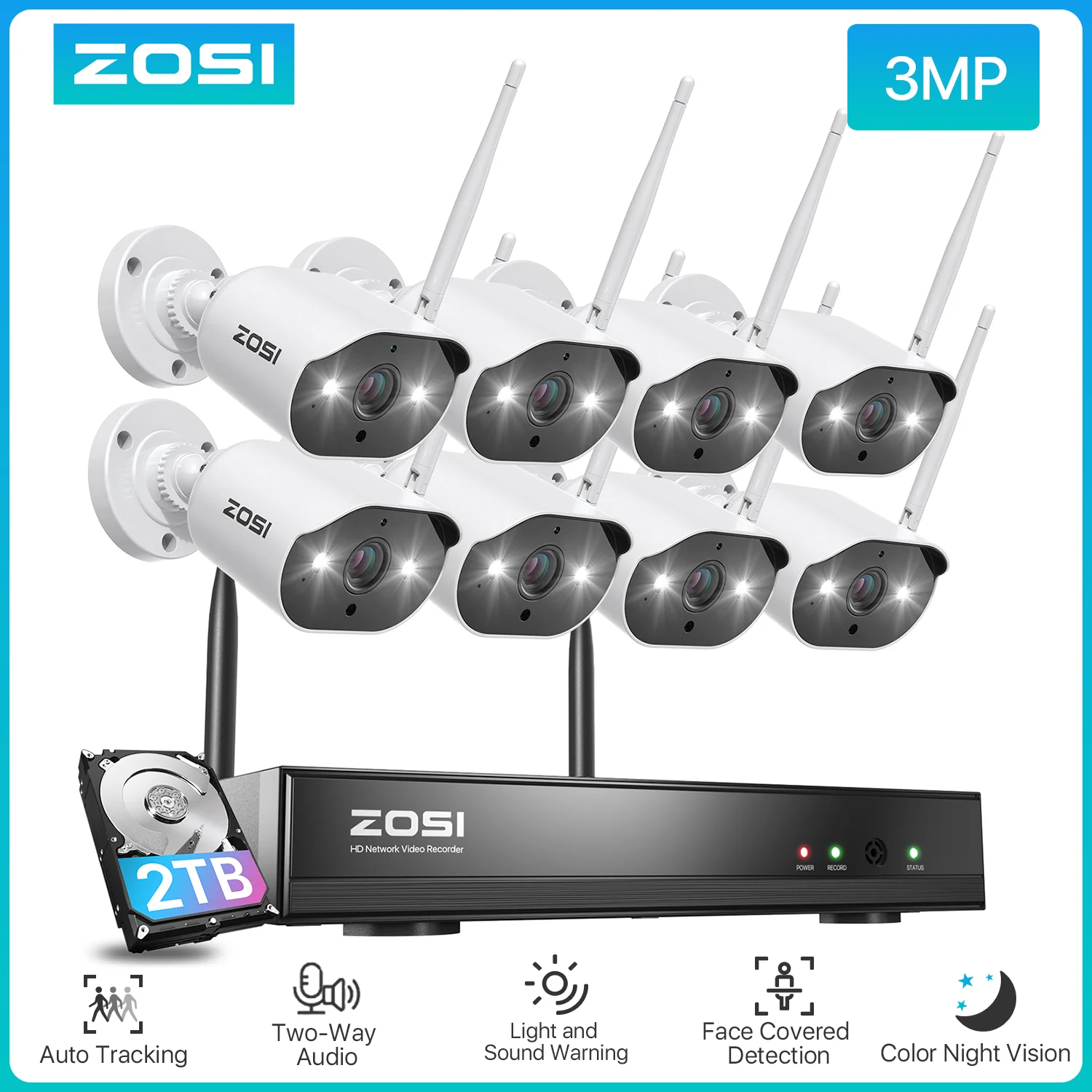 ZOSI WiFi Security Camera System 8CH 2K H265+ Wifi NVR 3MP