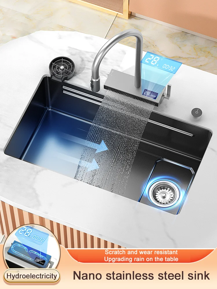 

Black washbasin large single sink kitchen 304 stainless steel flying rain sink dishwashing sink household undercounter basin sin