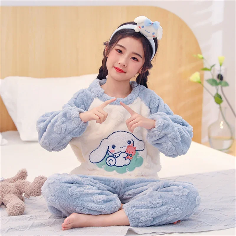 Anime Sanrio Winter Plush Pajamas Kuromi Cinnamoroll My Melody Children  Pochacco Cute Coral Velvet Thickened Boy Girl Homewear