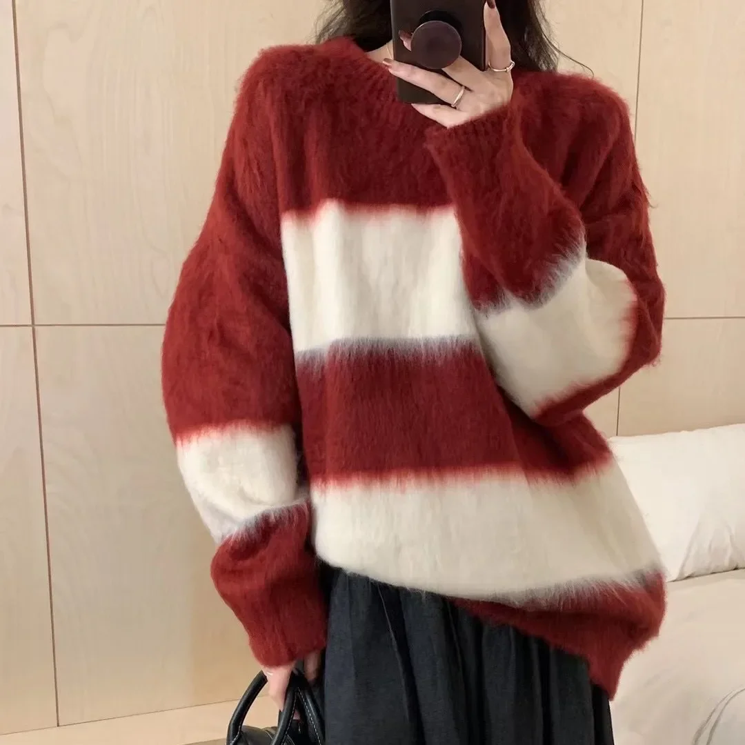 

Ambience Striped Color Contrast Pullover Round Neck Sweater Women's New Autumn and Winter Fashion Loose Soft Waxy Long-sleeved