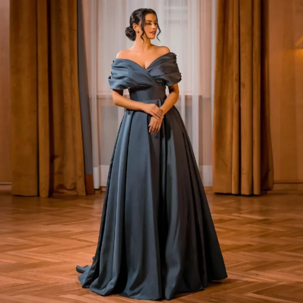 

Pleated Evening Gowns with Off Shoulder Neck,Empire Waist,A Line,Sweep Train,Gray Prom Dresses,Simple Satin,Formal Occassion