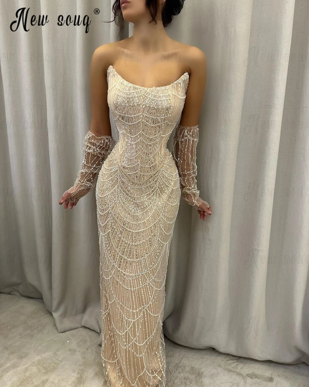 

Scoop Neckline Off Shoulder Party Dress Full Beading Floor Length Light Champagne Dinner Night Wear Pageant Gowns Evening Dress