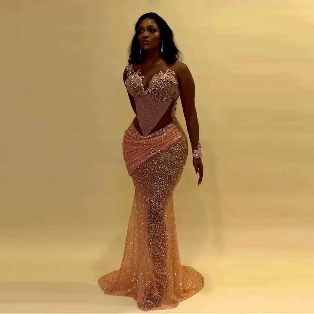 

Glitter Sequins Mermaid Prom Dresses Illusion Full Sleeve Pleats Applique Tulle African Women Formal Evening Gowns Aso Ebi 2024