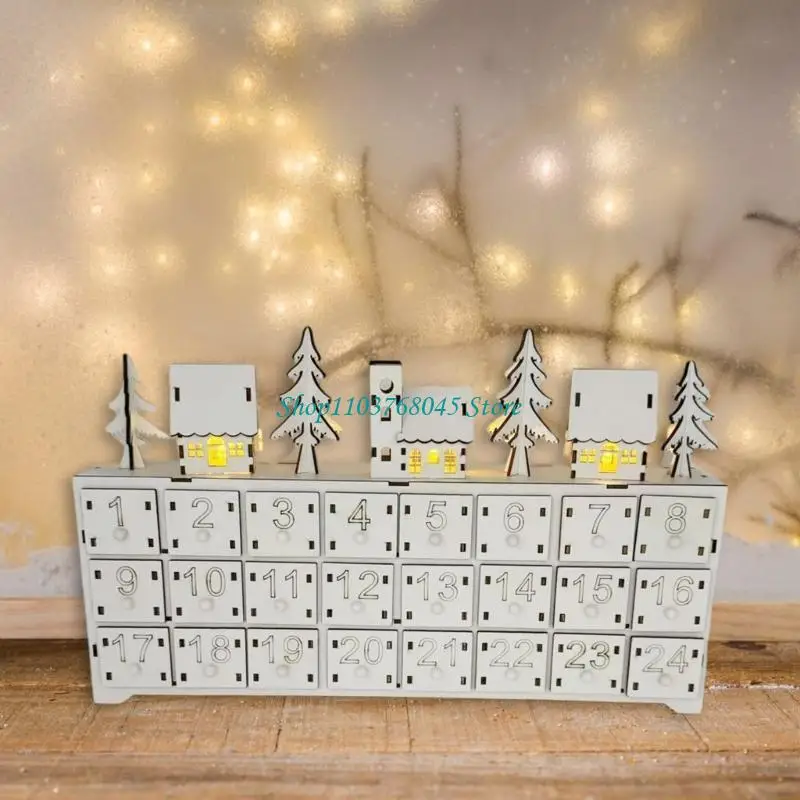 R53F LED-beleuchteter Adventskalender aus Holz mit 24 Schubladen, Weihnachts-Countdown-Kalender, Tischdekoration, einzigartiges – Detail 10