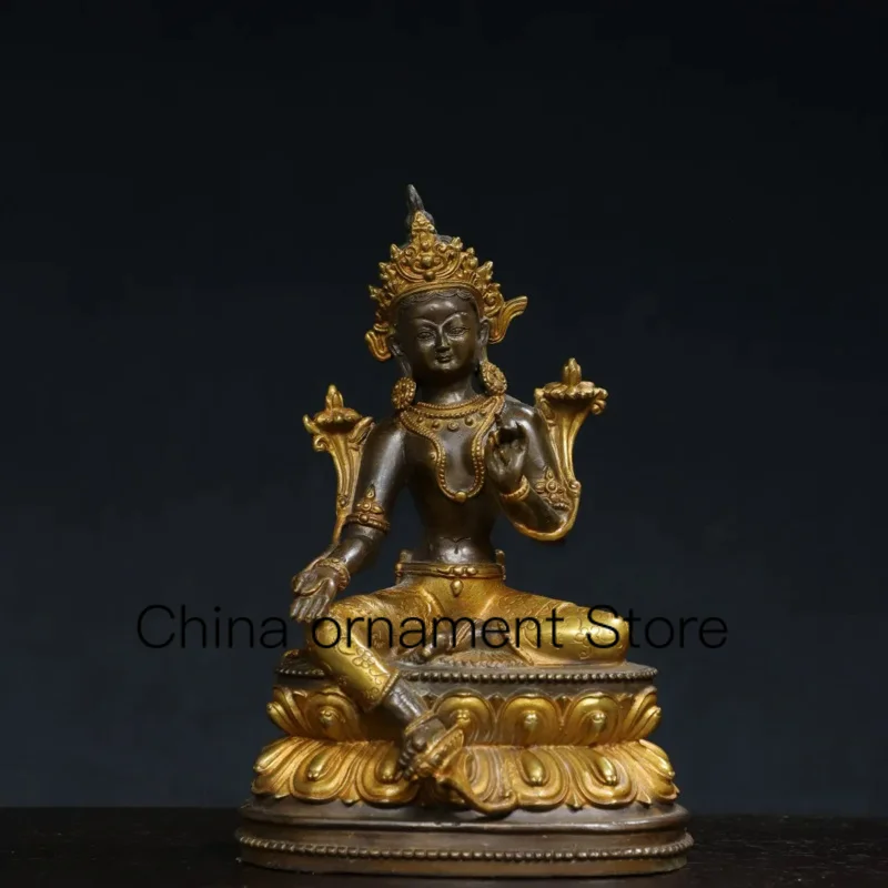 

21cm Nepalese Tibetan Brass Gilded Green Tara Bodhisattva Sitting Statue Ornament