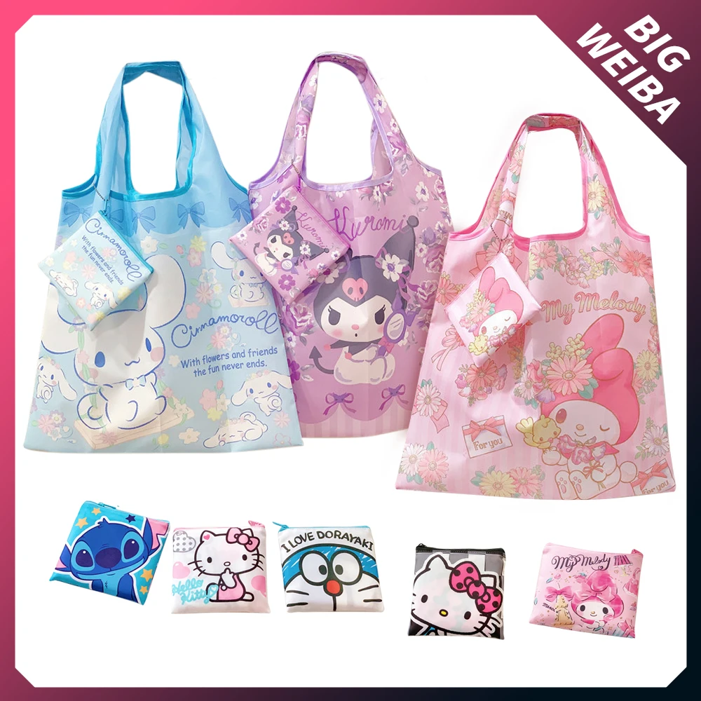 

Cartoon Big Eco-Friendly Folding Shopping Bag Hello Kitty Mymelody Kuromi Cinnamoroll cute Tote Bag Reusable Picnic Bag
