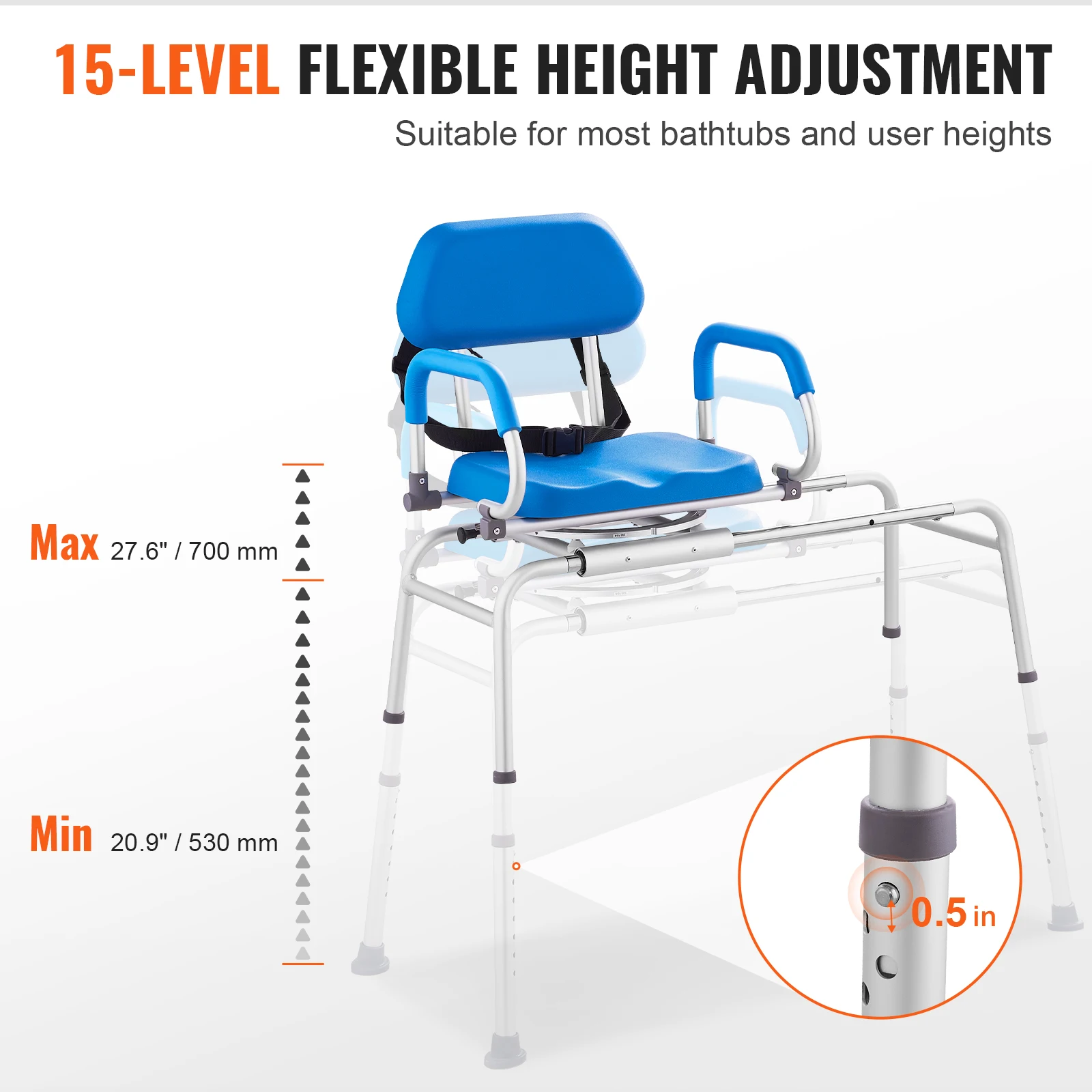 VEVOR Sliding Tub Transfer Bench with 360 Degree Swivel Seat Safety Belt Height Adjustable Bath Chair for Elderly Disabled 330LB 5