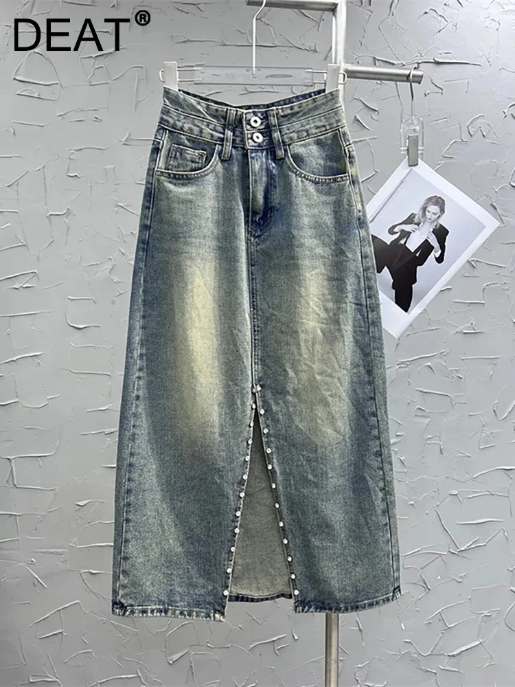 

DEAT Women Denim Skirt High Waist Front Split Straight Diamond Solid Color One-step Long Skirts 2023 Autumn New Fashion 29L5000