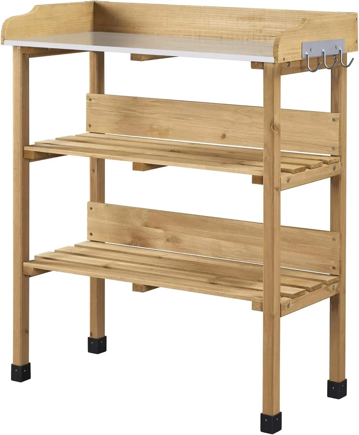 Potting Bench Table w/Metal Tabletop for Garden, Fir Wood Workstation w/3 Tier Shelves, Outdoor Work Bench w/Hook