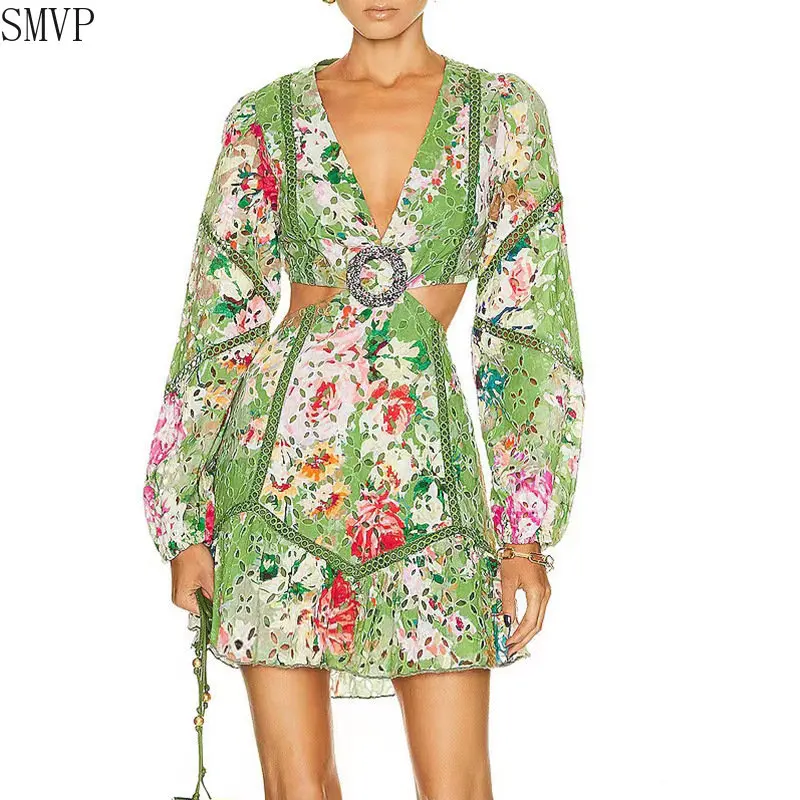 

Fragmented Short Dress Women's 2023 Summer New French Sexy Waist Cut Out Full Sleeve Maxi Dresses for Women